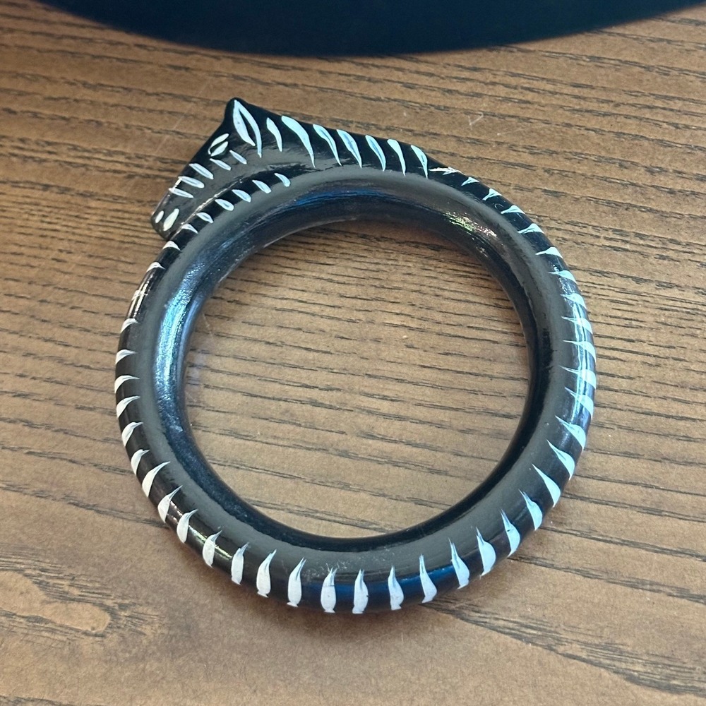 Hand Carved Wood Zebra Bangle Bracelet Black White Painted Animal Safari 3 Inch